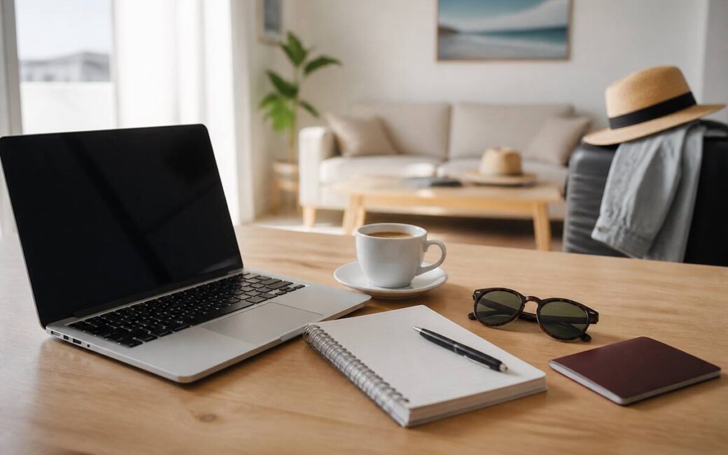 Laptop en notitieboek op tafel tijdens het vergelijken van reizen en vakanties