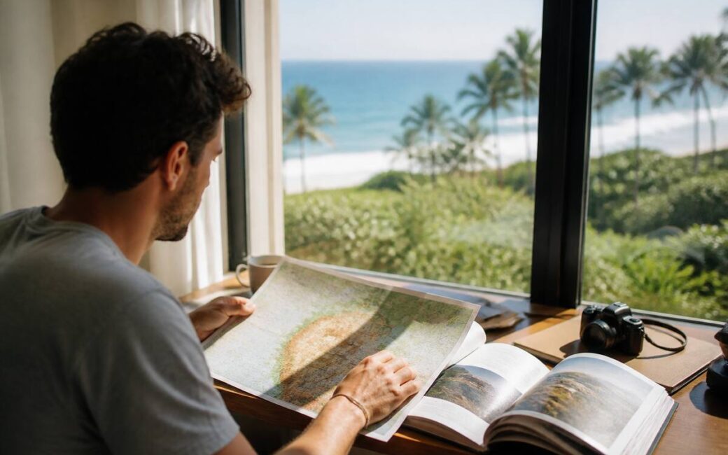 Reiziger bekijkt vakantie-opties op een plattegrond en reisgids