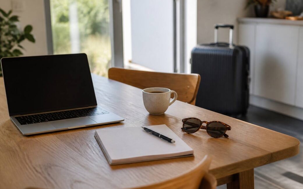 Vakantie plannen met laptop, checklist en reisbenodigdheden op tafel