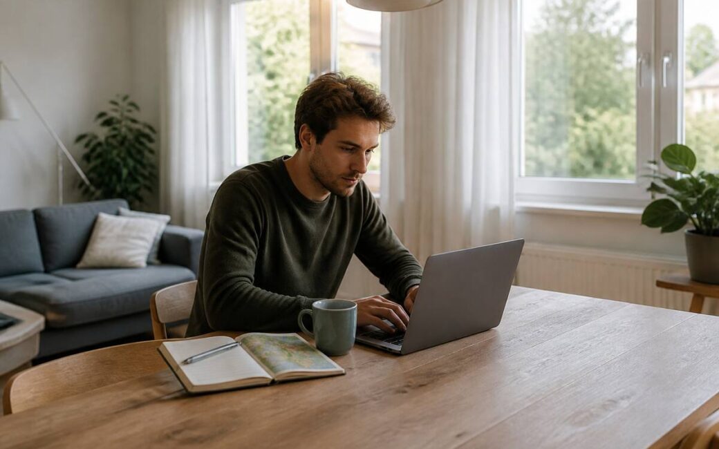 Iemand vergelijkt vakanties op een laptop met reisnotities op tafel