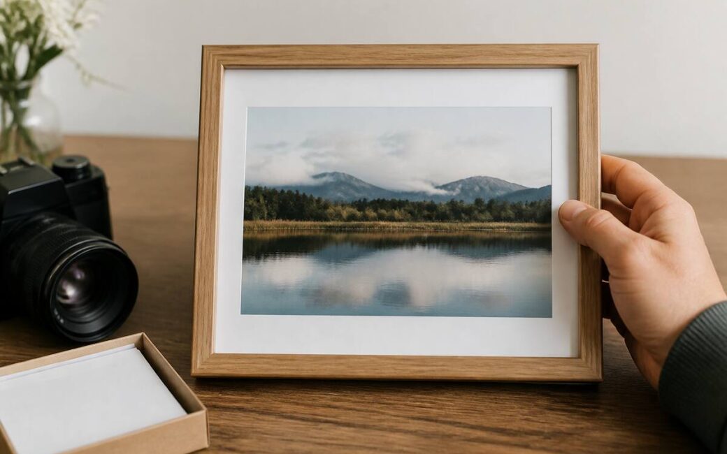 Hand met ingelijste fotoafdruk op een houten bureau bij zacht daglicht