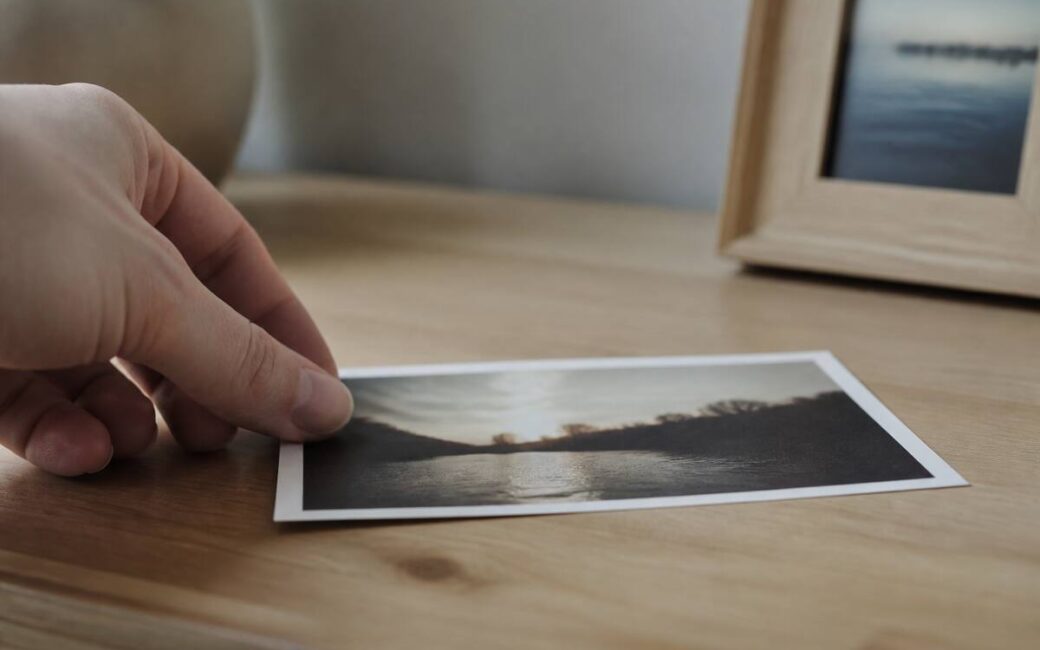 Hand die een afgedrukte foto verschuift op een bureau met zacht daglicht