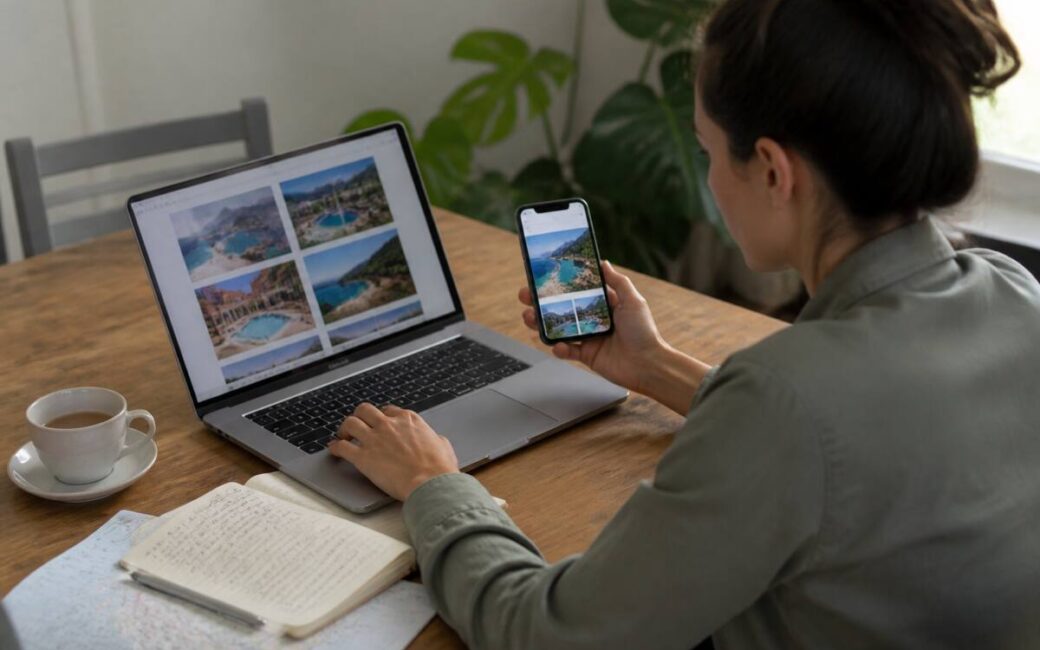 Vakanties vergelijken op een laptop en smartphone met notities op tafel