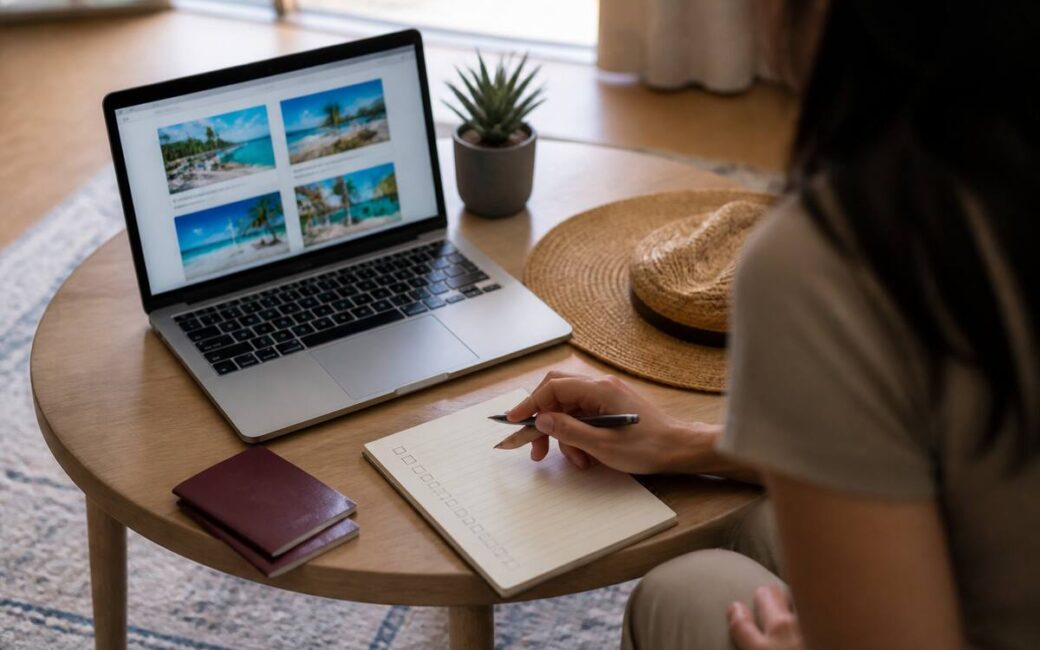 Reisopties vergelijken op een laptop met een checklist om verrassingen bij het boeken te voorkomen