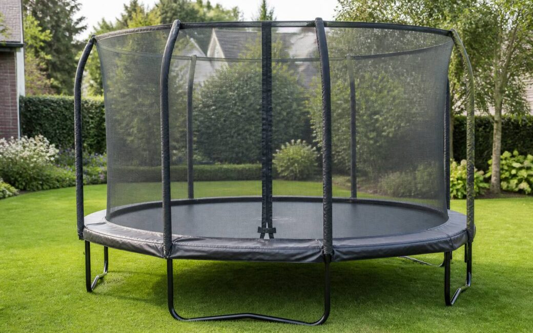 Trampoline in een achtertuin met randkussen en veiligheidsnet