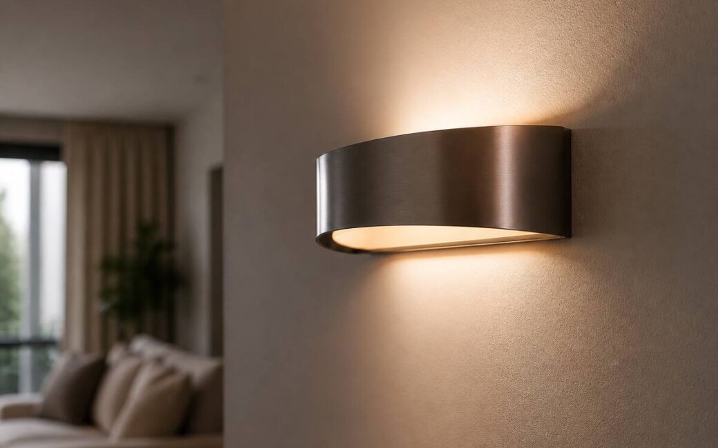 Wandlamp in een woonkamer die warm indirect licht geeft